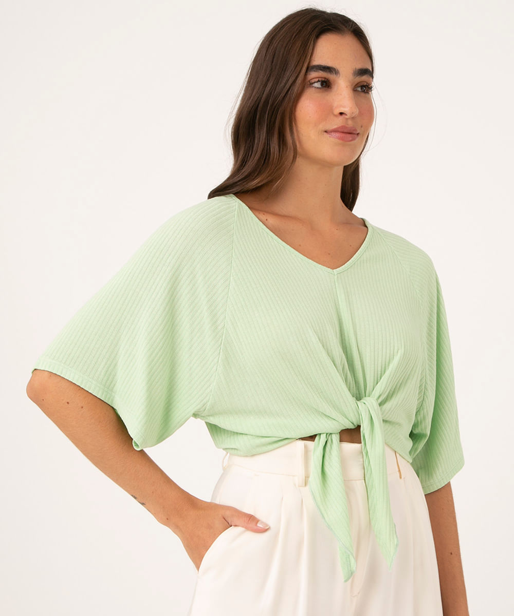 Blusa Ampla com Nó Manga Curta Decote V Verde Claro