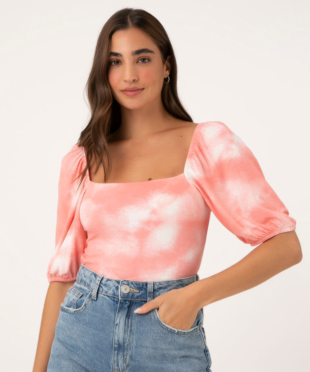 Blusa Cropped Corset Estampada Tie Dye Manga Bufante Decote Reto Rosa