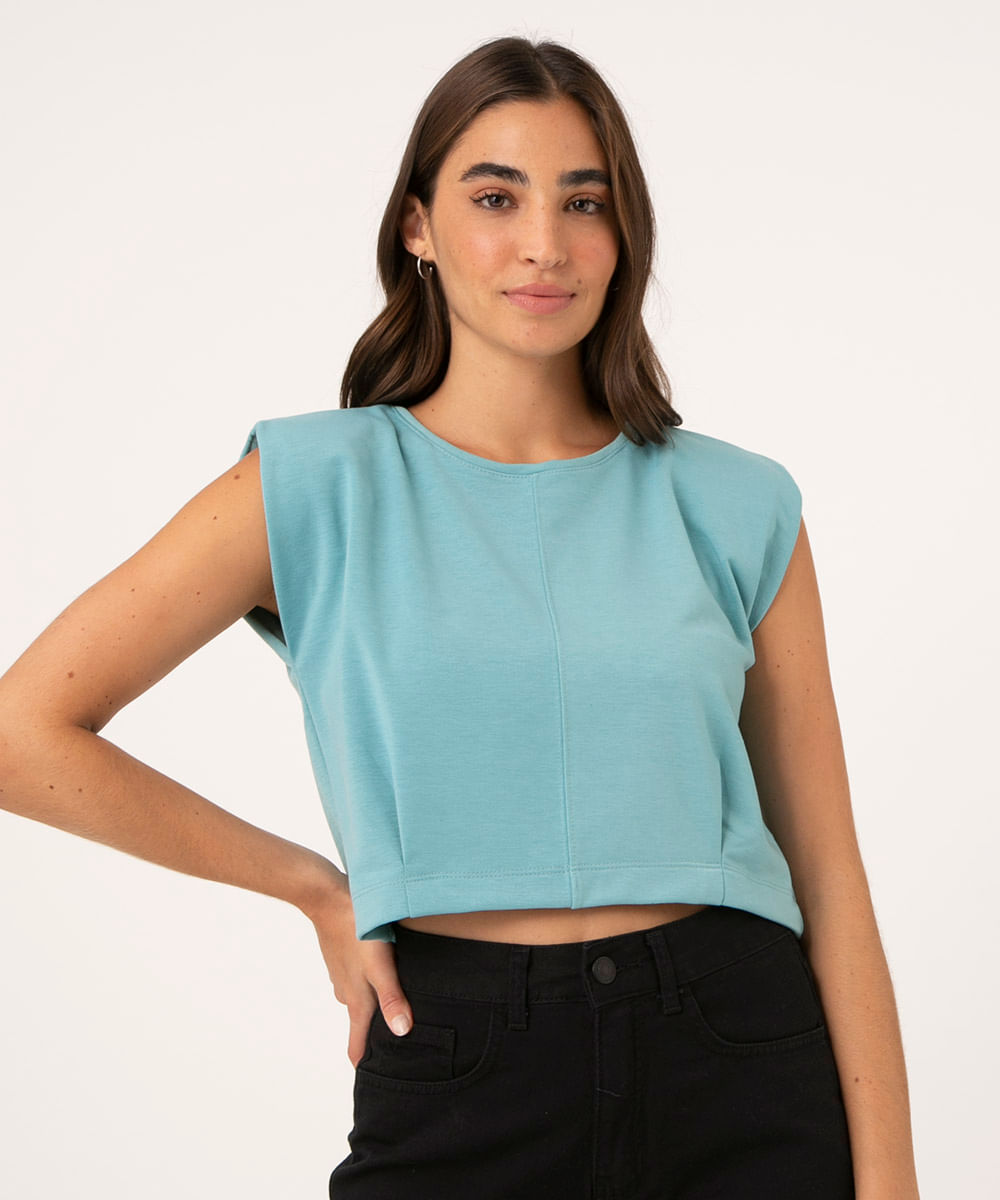 Regata Feminina Cropped Muscle Tee com Ombreiras e Pregas Decote Redondo Azul Claro