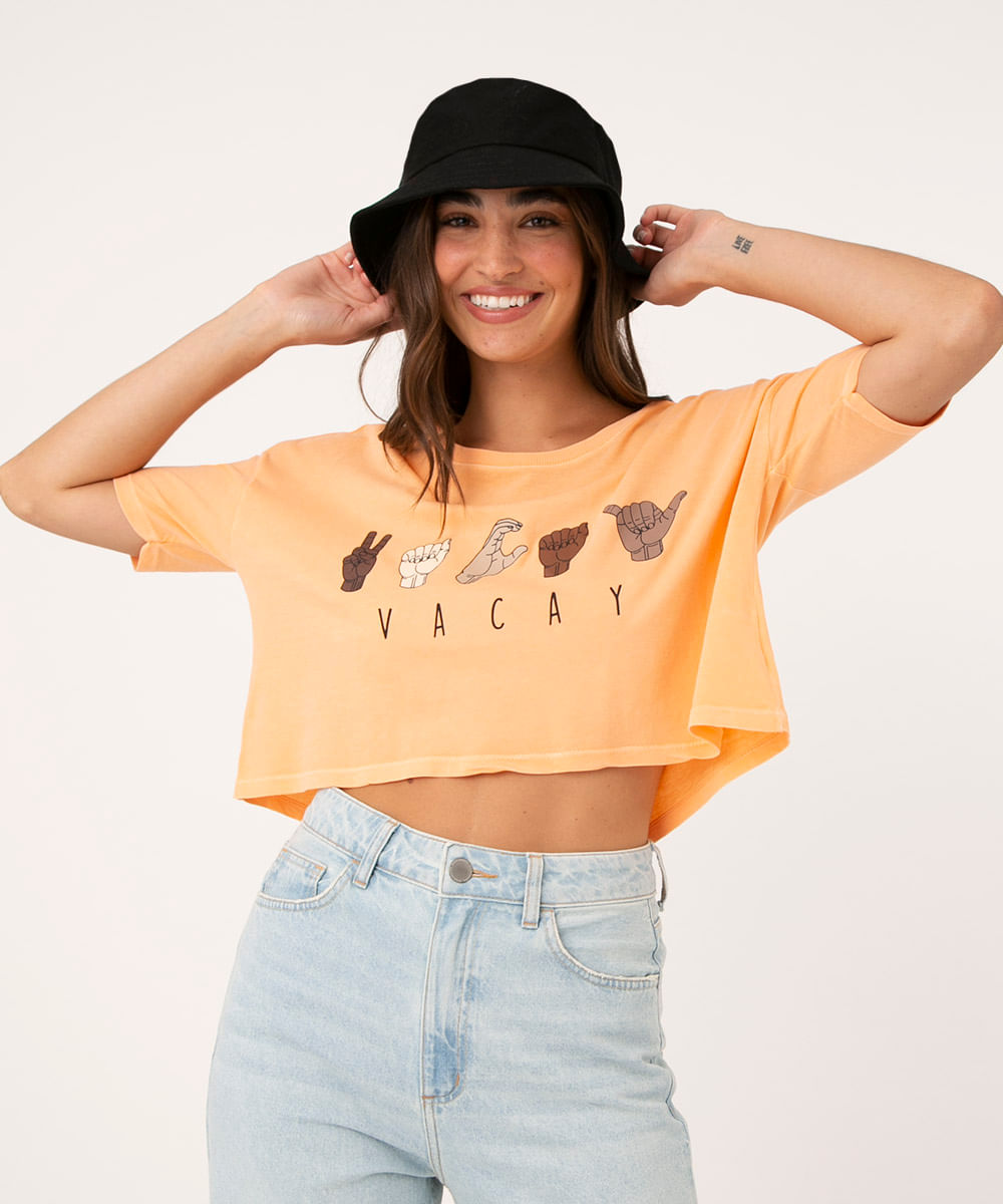 Camiseta de Algodão Cropped Ampla "Vacay" Manga Curta Decote Redondo Laranja