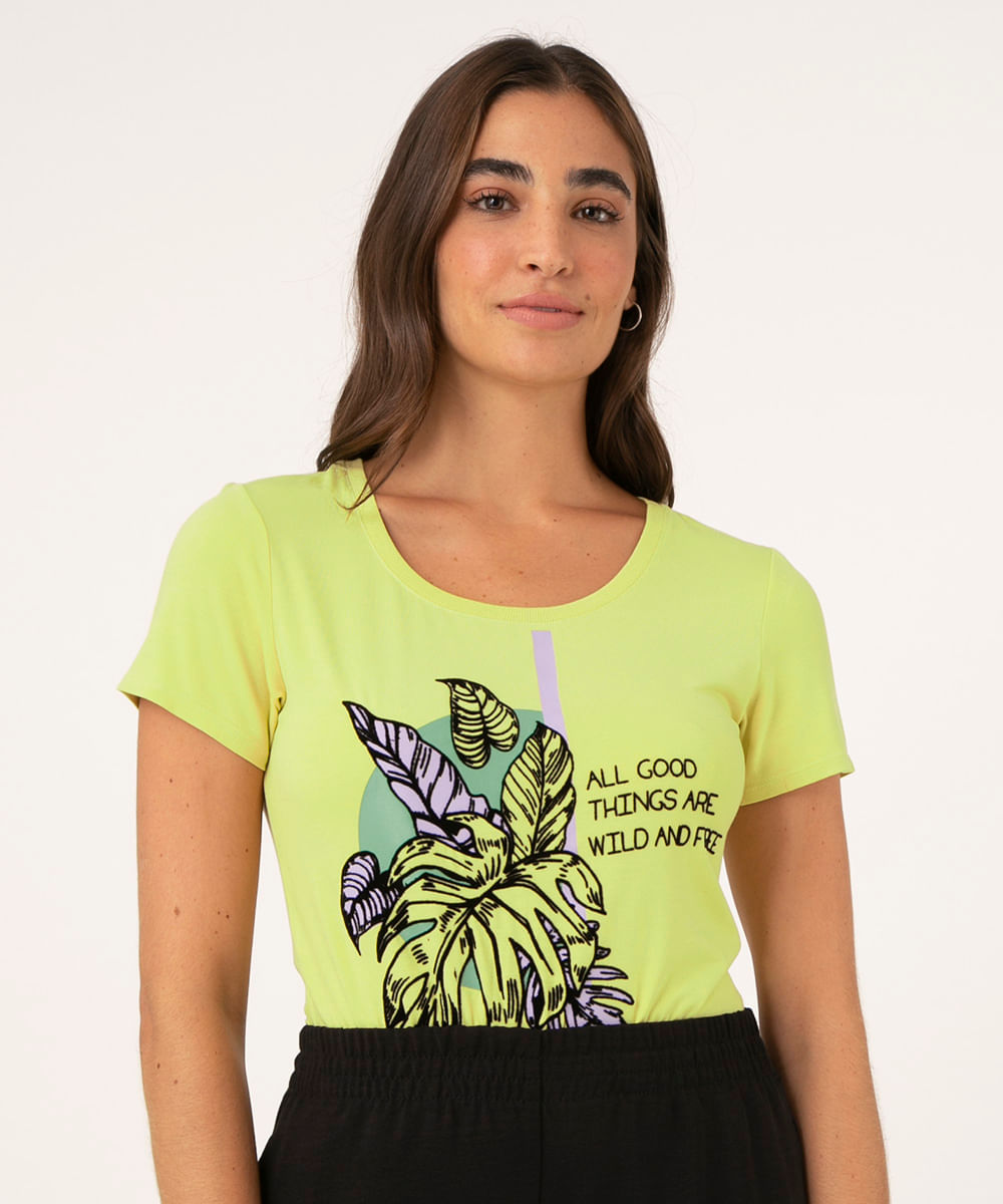 Camiseta Folhagem "All Good Things" Manga Curta Decote Redondo Amarela