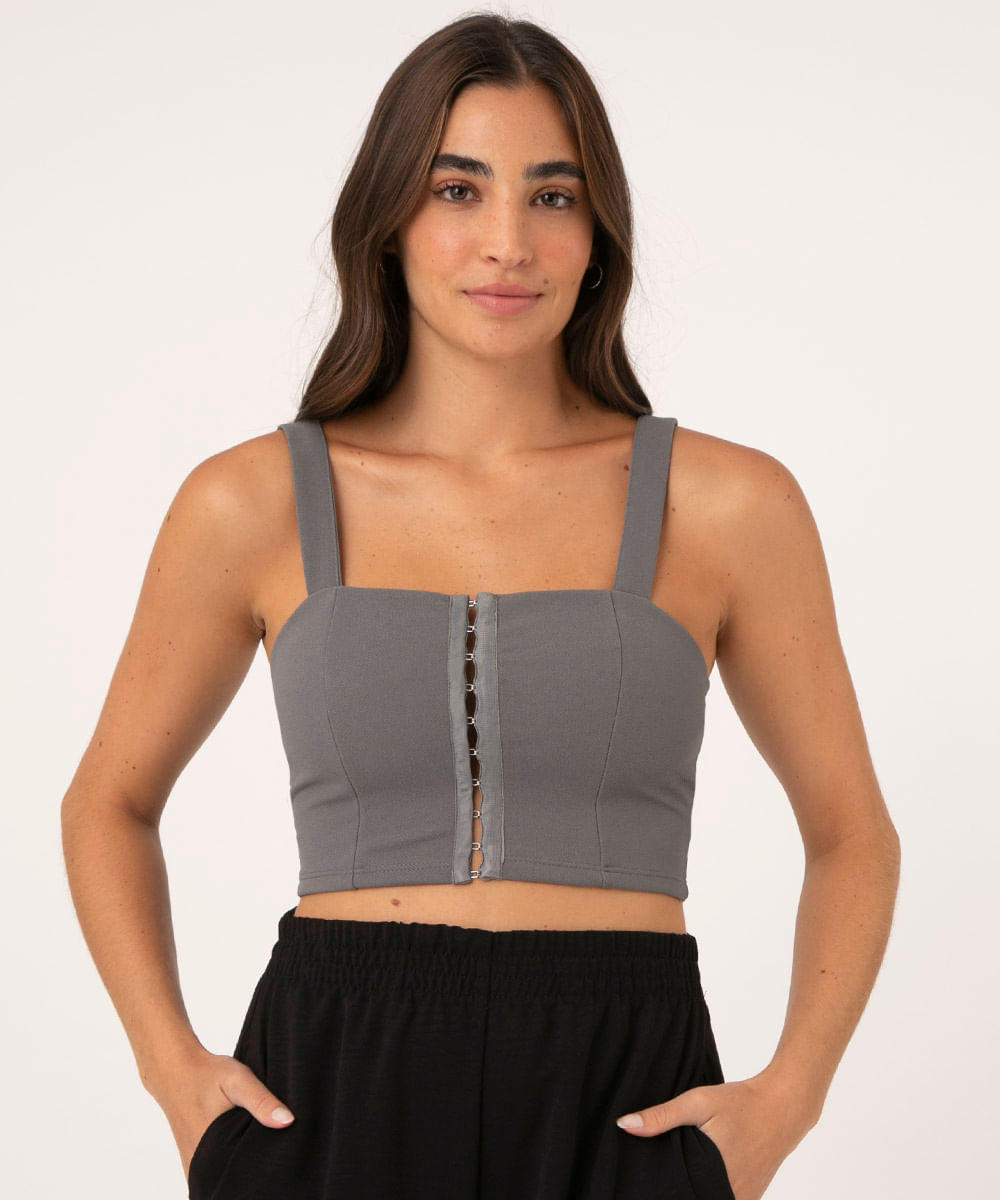 Top Cropped Corset com Colchetes Alça Larga Decote Reto Chumbo