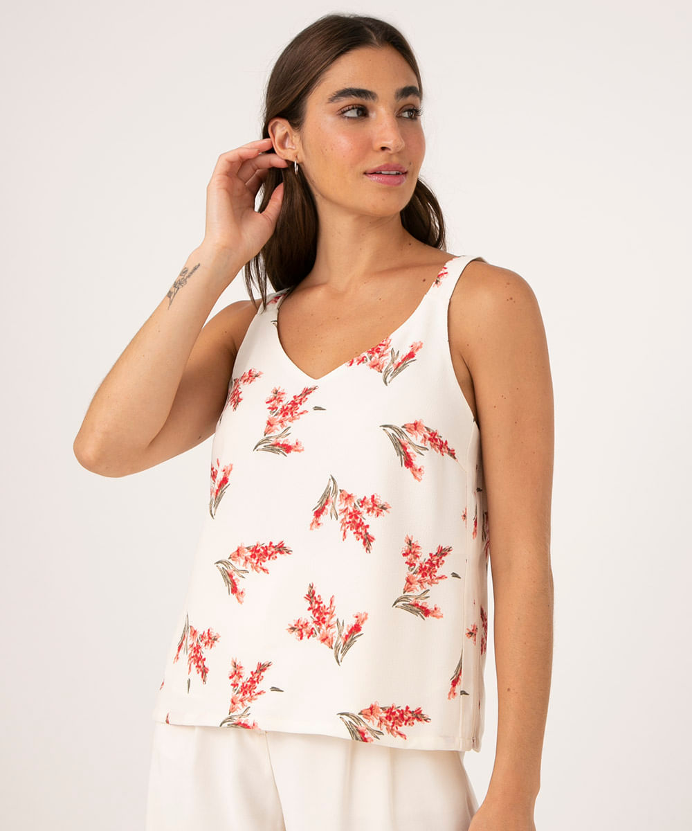 Regata Feminina Floral Alças Médias Decote V Off White