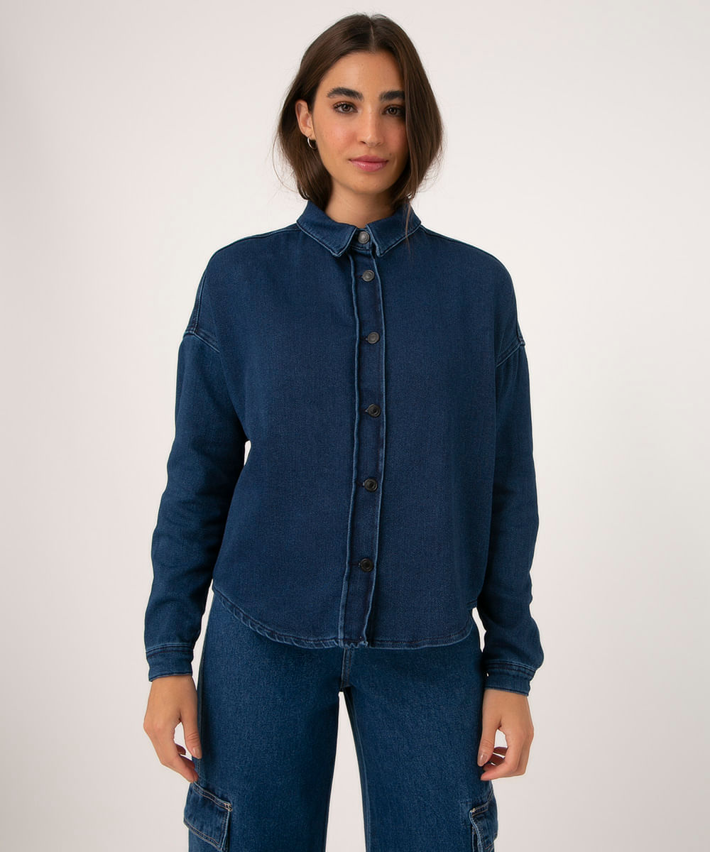 Camisa Shacket Jeans de Moletom Manga Longa Azul Escuro