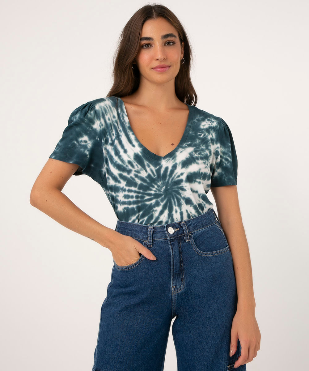 Blusa Feminina Estampada Tie Dye Manga Bufante Decote V Azul