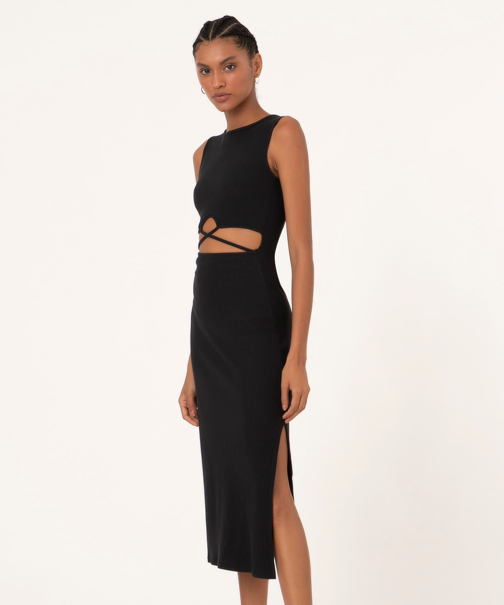 Vestido Midi Canelado Cut Out Decote Redondo Preto