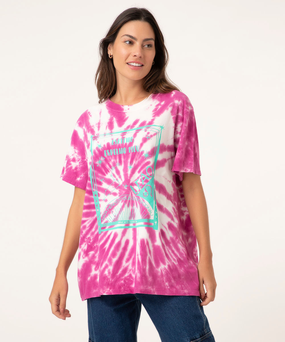 Blusa Feminina Signo Leão Estampada Tie Dye Manga Curta Decote Redondo Pink