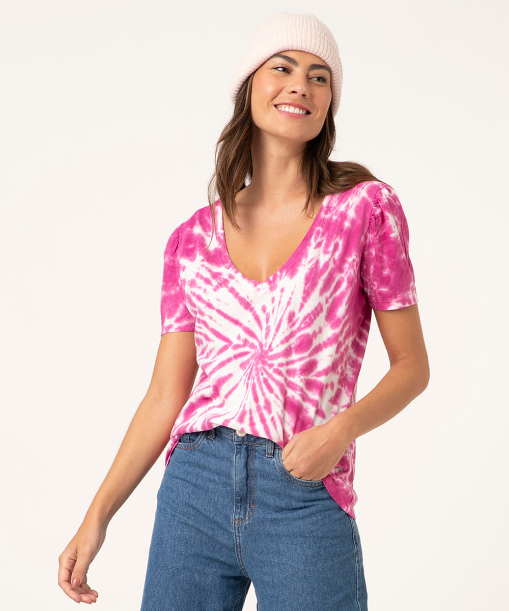 Blusa Feminina Estampada Tie Dye Manga Bufante Decote V Roxa