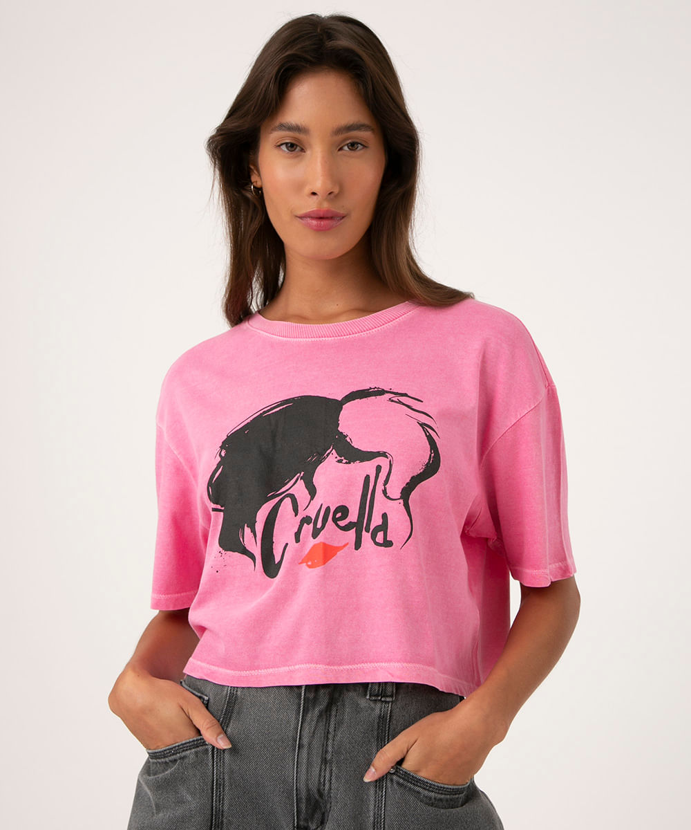 camiseta cropped de algodão cruella rosa