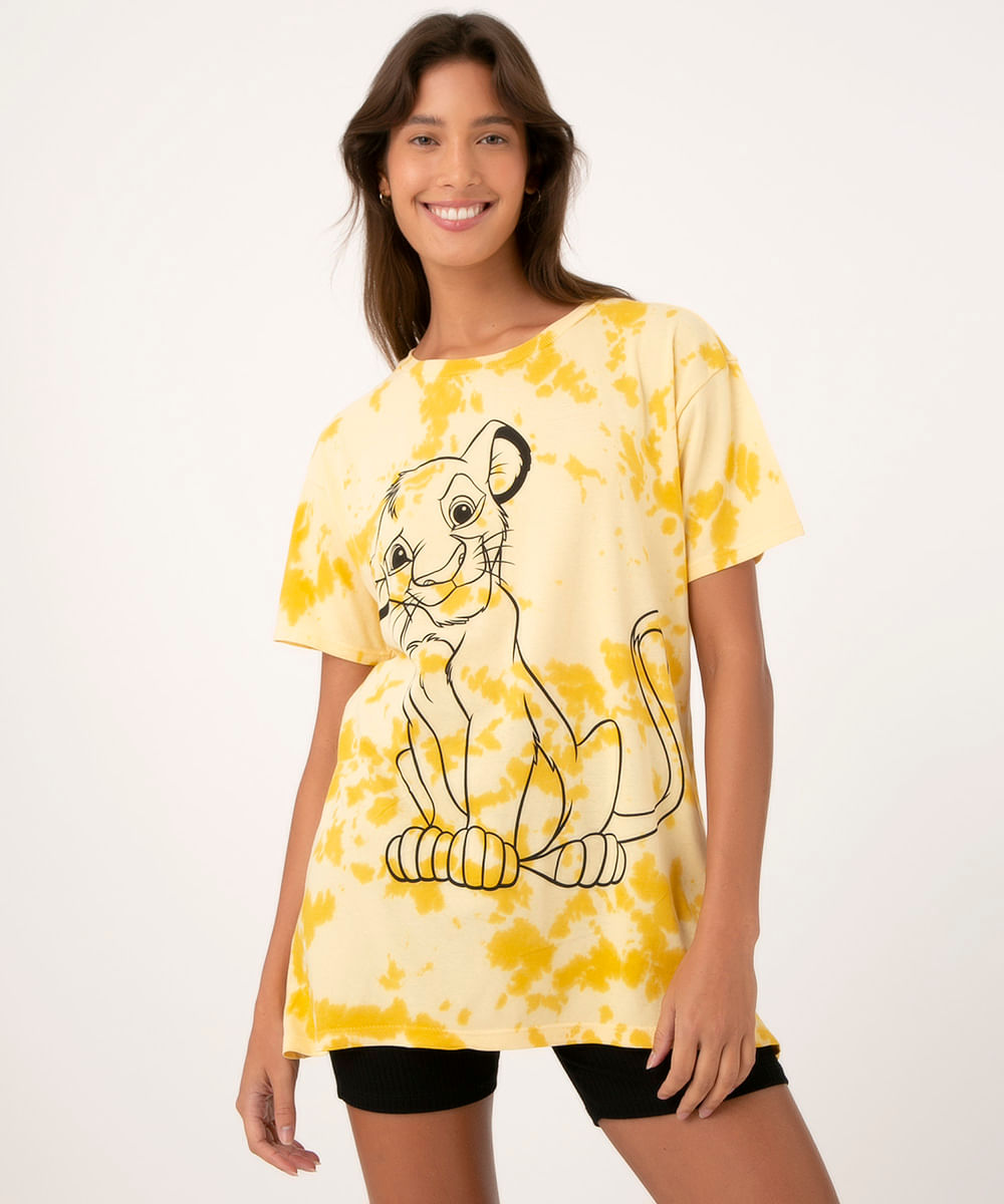 Camiseta Feminina Simba O Rei Leão Estampada Tie Dye Manga Curta Decote Redondo Amarela