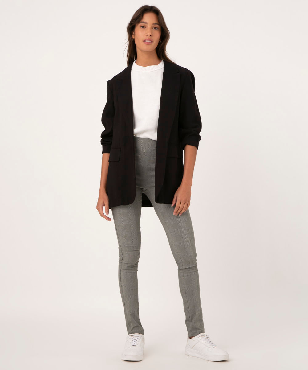 Calça Legging de Jacquard Feminina Cintura Alta Estampada Xadrez com Bolsos Preta