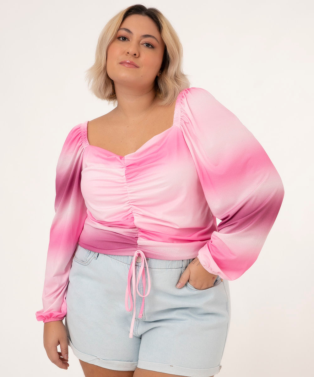 blusa tie dye manga longa bufante rosa claro