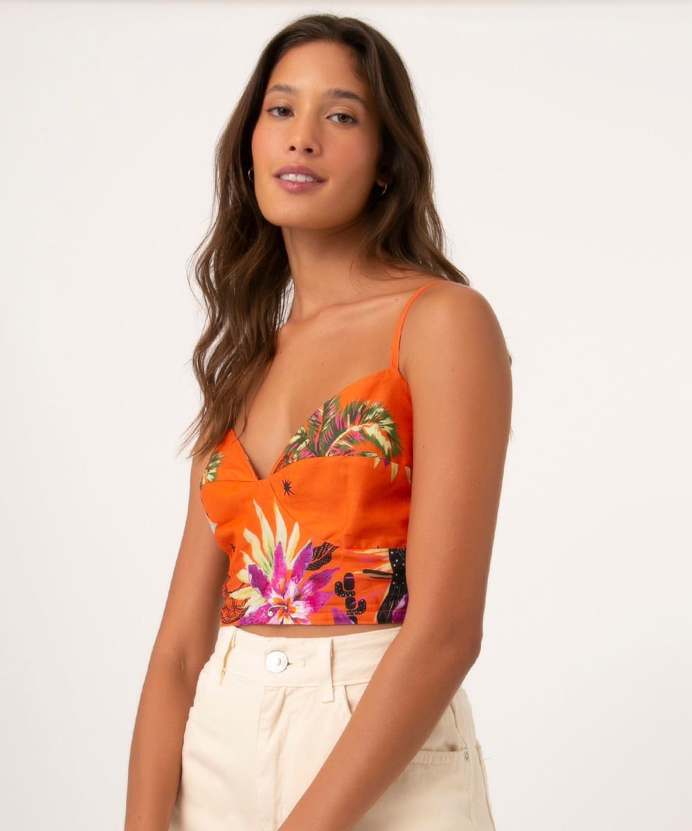 Regata Cropped de Algodão Estampada de Pássaros Alça Fina Decote V Laranja