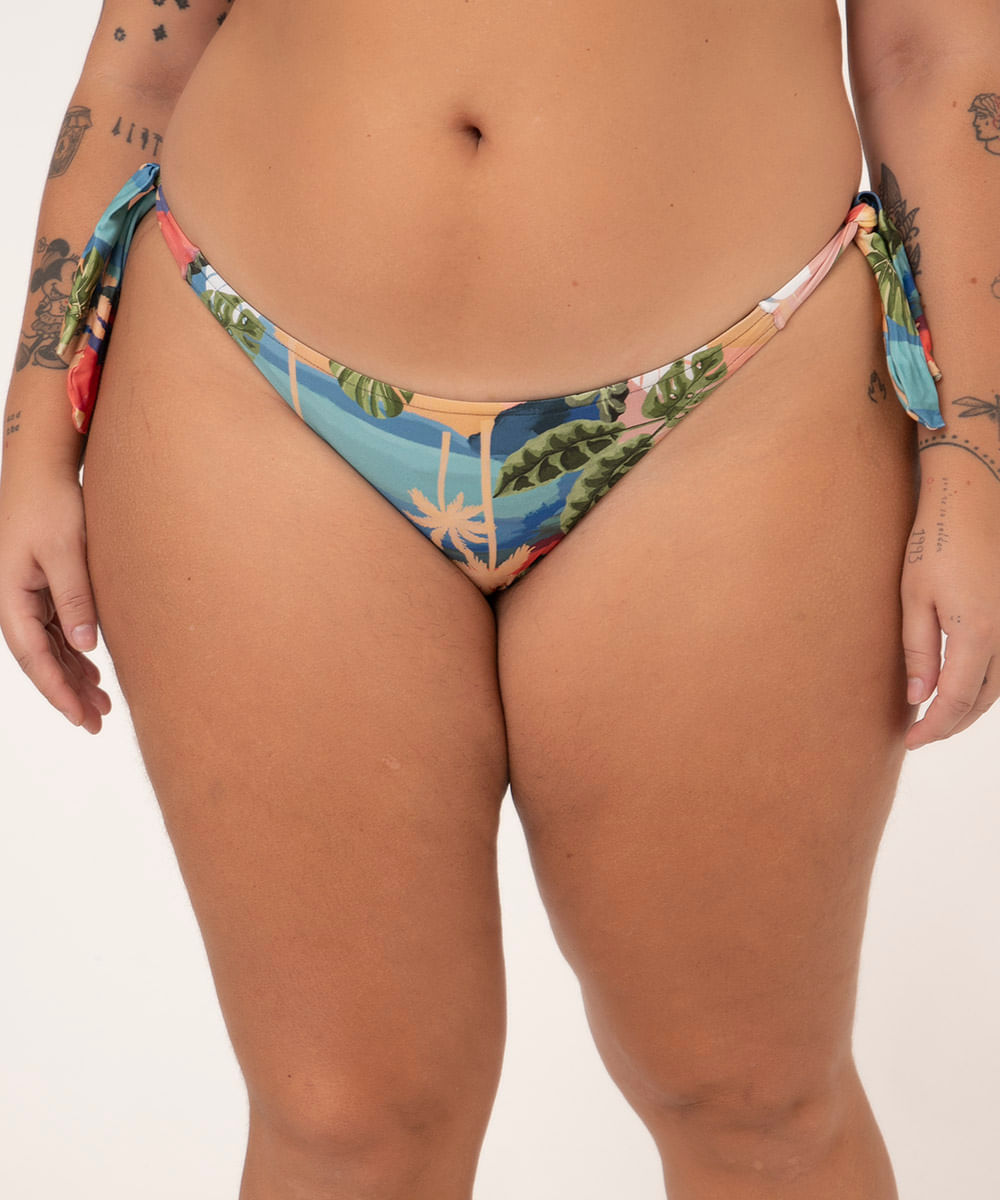 Biquíni Calcinha Plus Size Tanga Estampado Por do Sol com Amarração e Proteção UV50+ Multicor