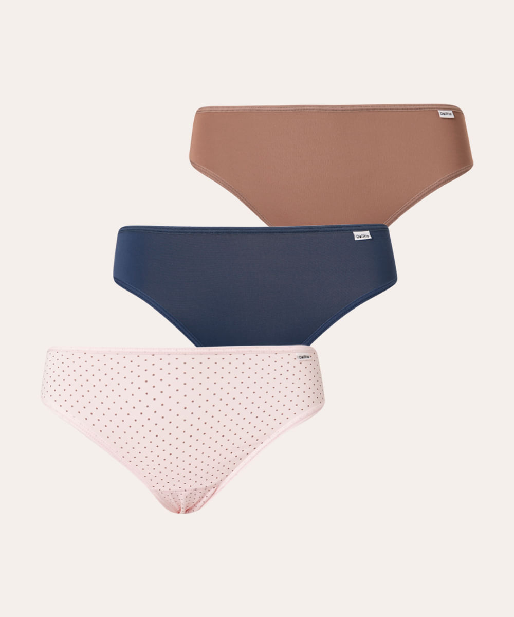 Kit de 3 Calcinhas Biquíni Delrio Estampado Poá Multicor