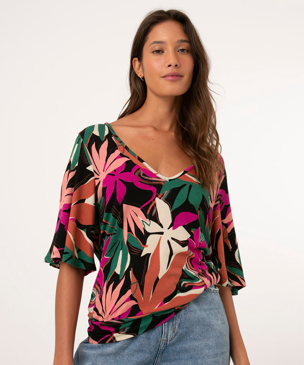 Blusa Blusê Estampada de Folhagem Manga Curta Ampla Decote V Preta