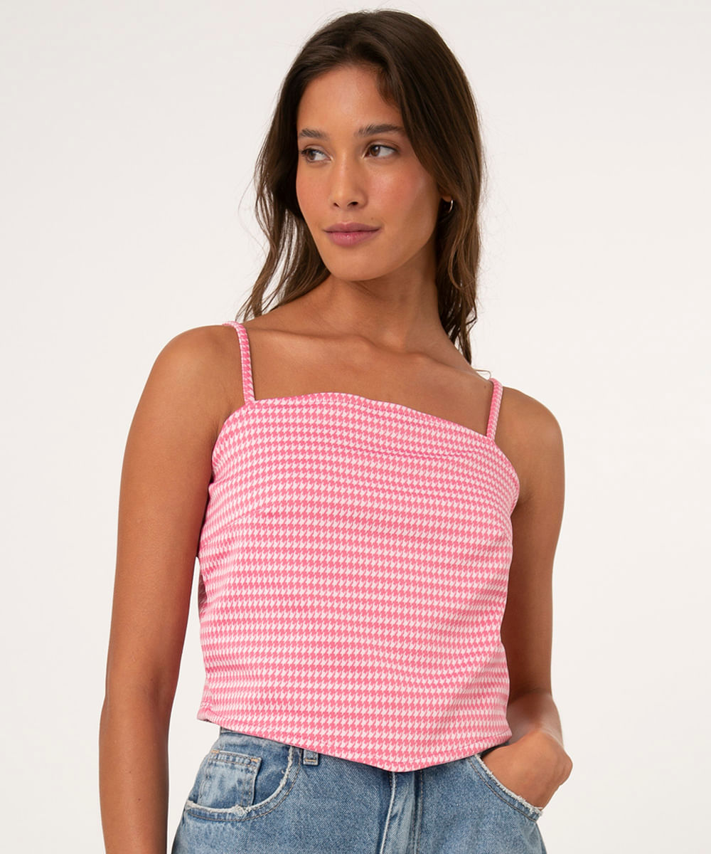 Regata Lenço Cropped de Jacquard Estampada Pied de Poule Alça Fina Rosa