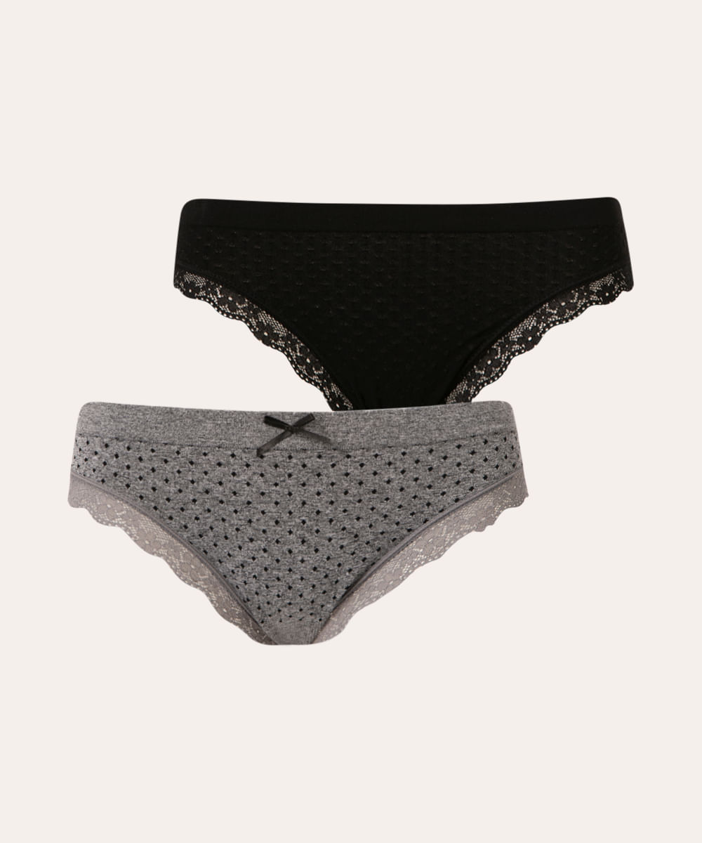 Kit de 2 Calcinhas Caleçon Sem Costura Texturizadas de Poá com Renda Multicor