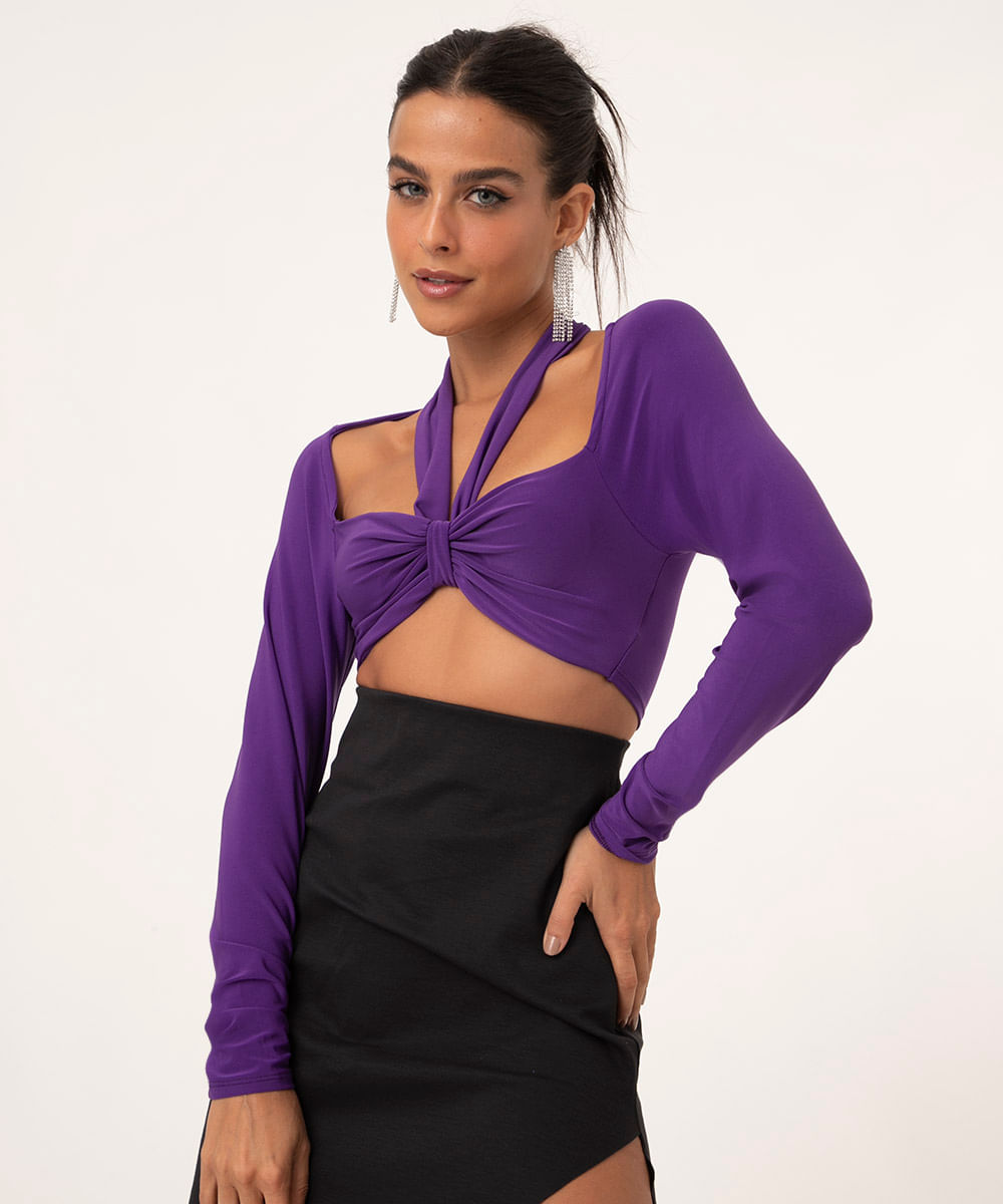 blusa cropped manga longa com amarração roxa