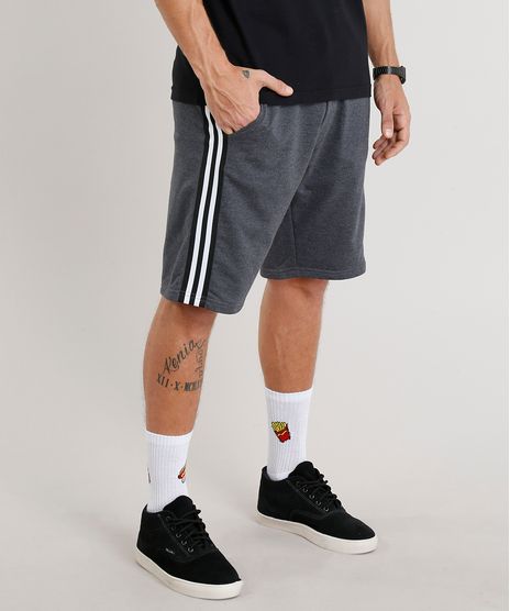 Bermuda-Masculina-em-Moletom-com-Faixas-Laterais-Cinza-Mescla-Escuro-9301411-Cinza_Mescla_Escuro_1
