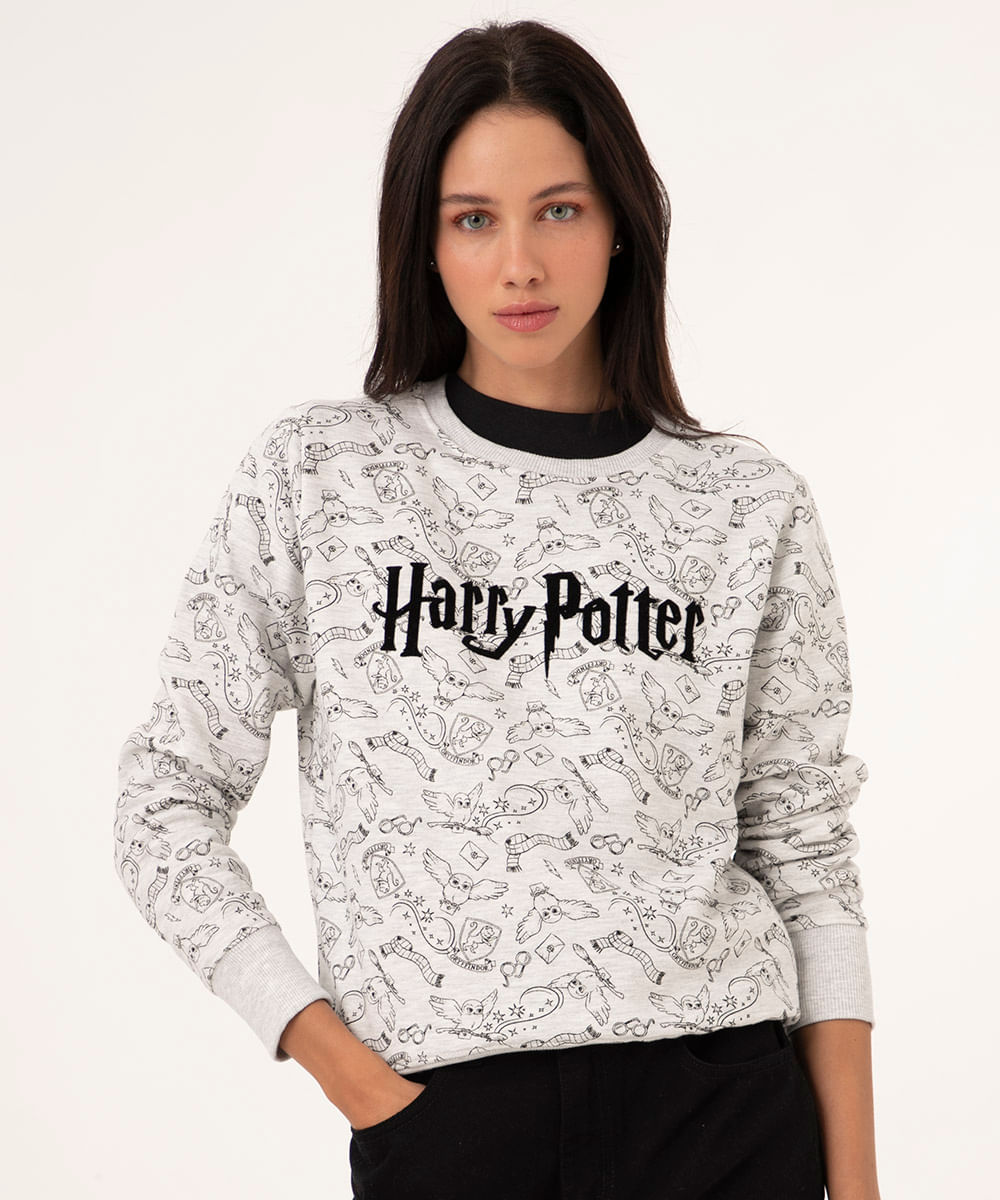 blusão de moletom harry potter cinza mescla claro