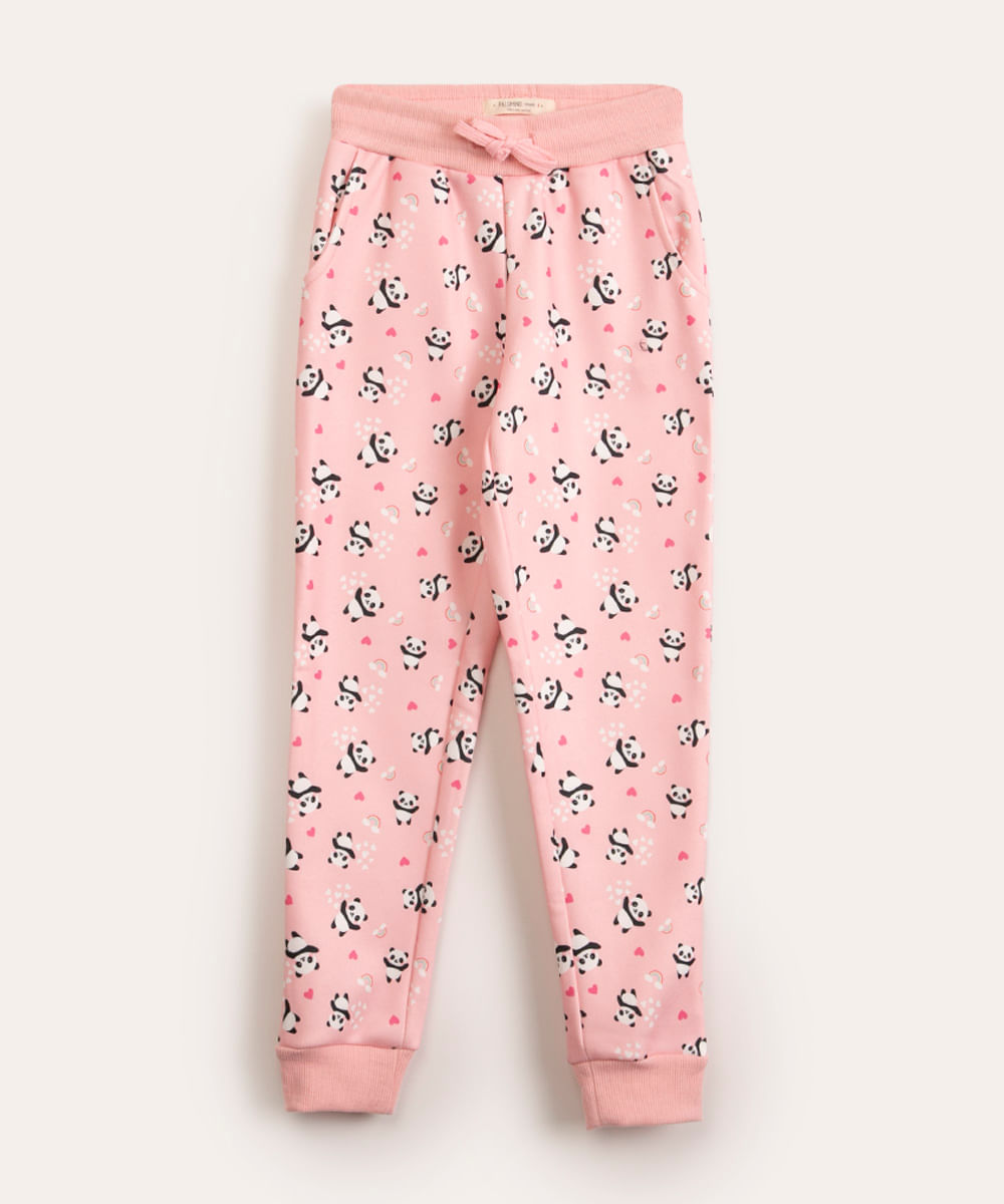 calça infantil de moletom pandinha rosa claro