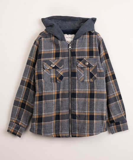 Jaqueta Infantil Estampada Xadrez Festa de São João com Bolsos e Capuz Azul Marinho Jaqueta Infantil Estampada Xadrez Festa de São João com Bolsos e Capuz Azul Marinho