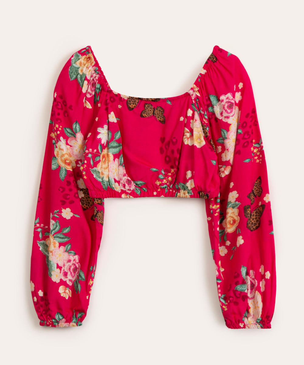 blusa cropped infantil de viscose floral pink