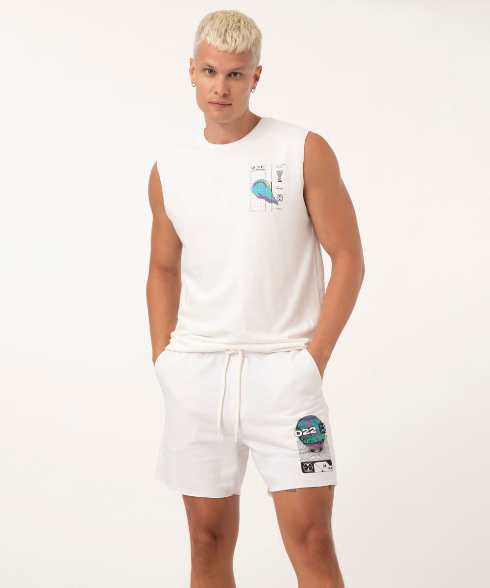 Bermuda Relaxed de Moletom "022" com Cordão e Bolsos Off White