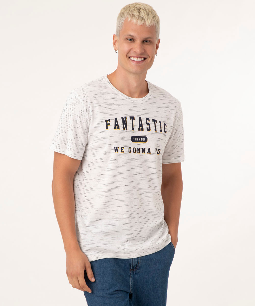 Camiseta Masculina Manga Curta "Fantastic" Gola Careca Off White