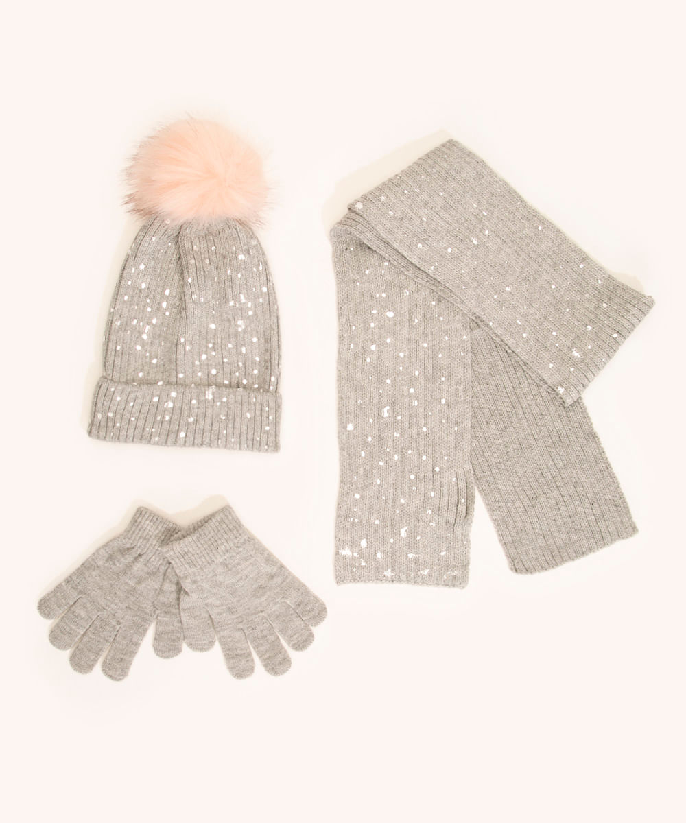 kit de gorro infantil de tricô + cachecol + luva cinza