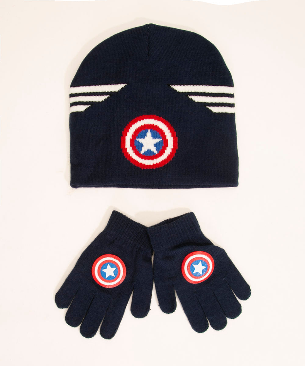 kit de gorro infantil de tricô capitão américa + luva azul marinho