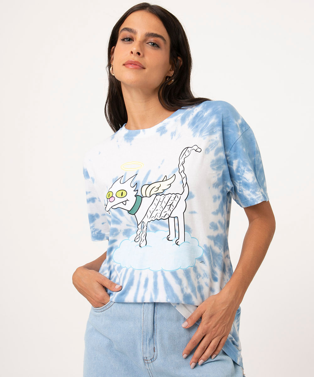 Blusa Feminina Gato do Simpson Estampada Tie Dye Manga Curta Decote Redondo Azul