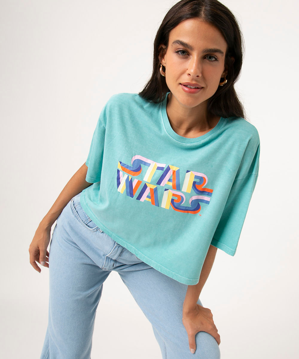 Camiseta Cropped Oversized de Algodão Star Wars Manga Curta Decote Redondo Azul