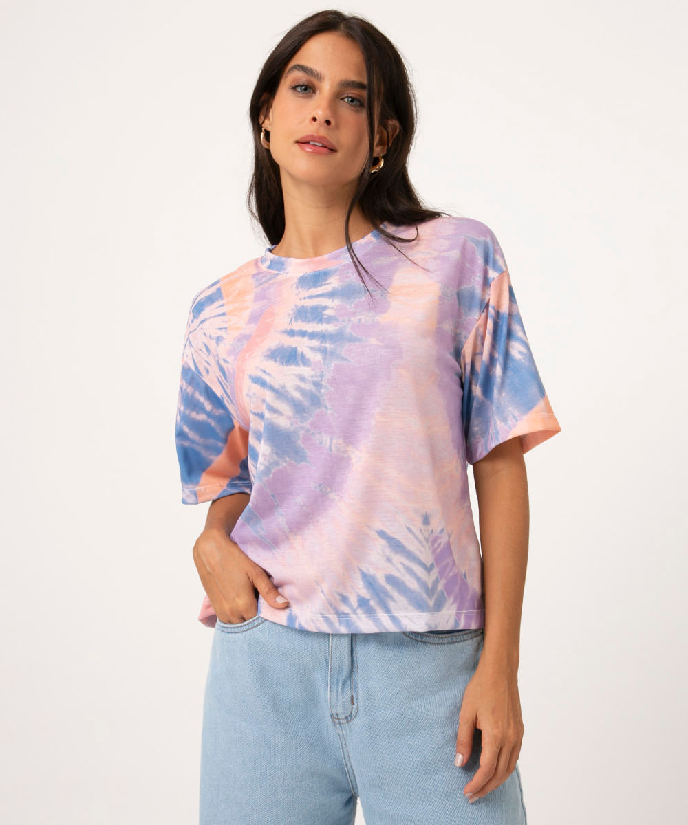 Blusa Feminina Estampada Tie Dye Manga Curta Decote Redondo Multicor