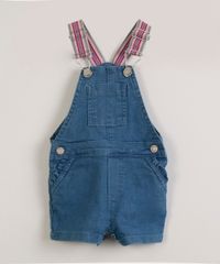Jardineira Jeans de Festa Junina Infantil Alça Listrada Azul Médio