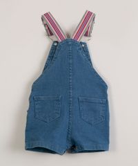 Jardineira Jeans de Festa Junina Infantil Alça Listrada Azul Médio