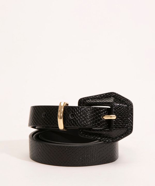 Cinto Skinny Estampado Animal Print Cobra com Fivela Geométrica Preto 95CM
