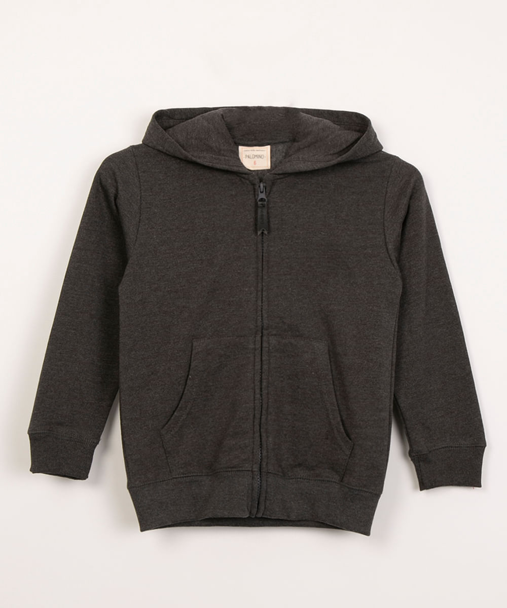 Blusão de Moletom Infantil Básico Felpado com Capuz Cinza Mescla Escuro