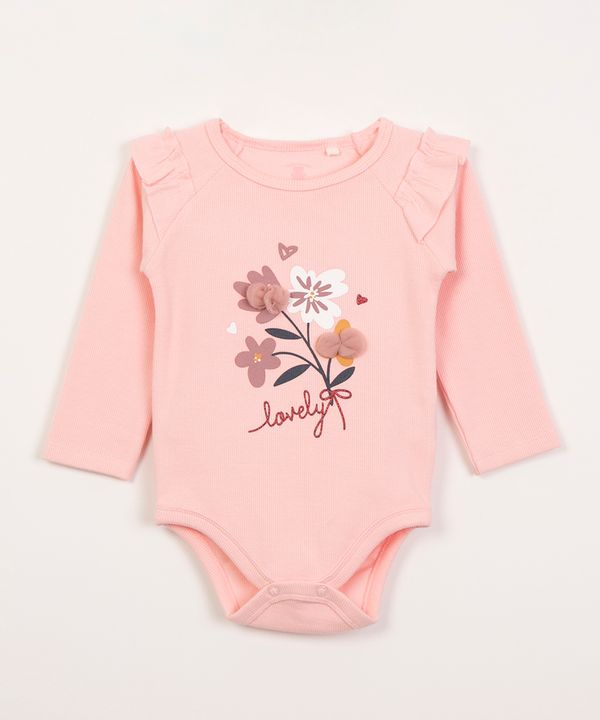 body infantil canelado flores rosa claro 3-6