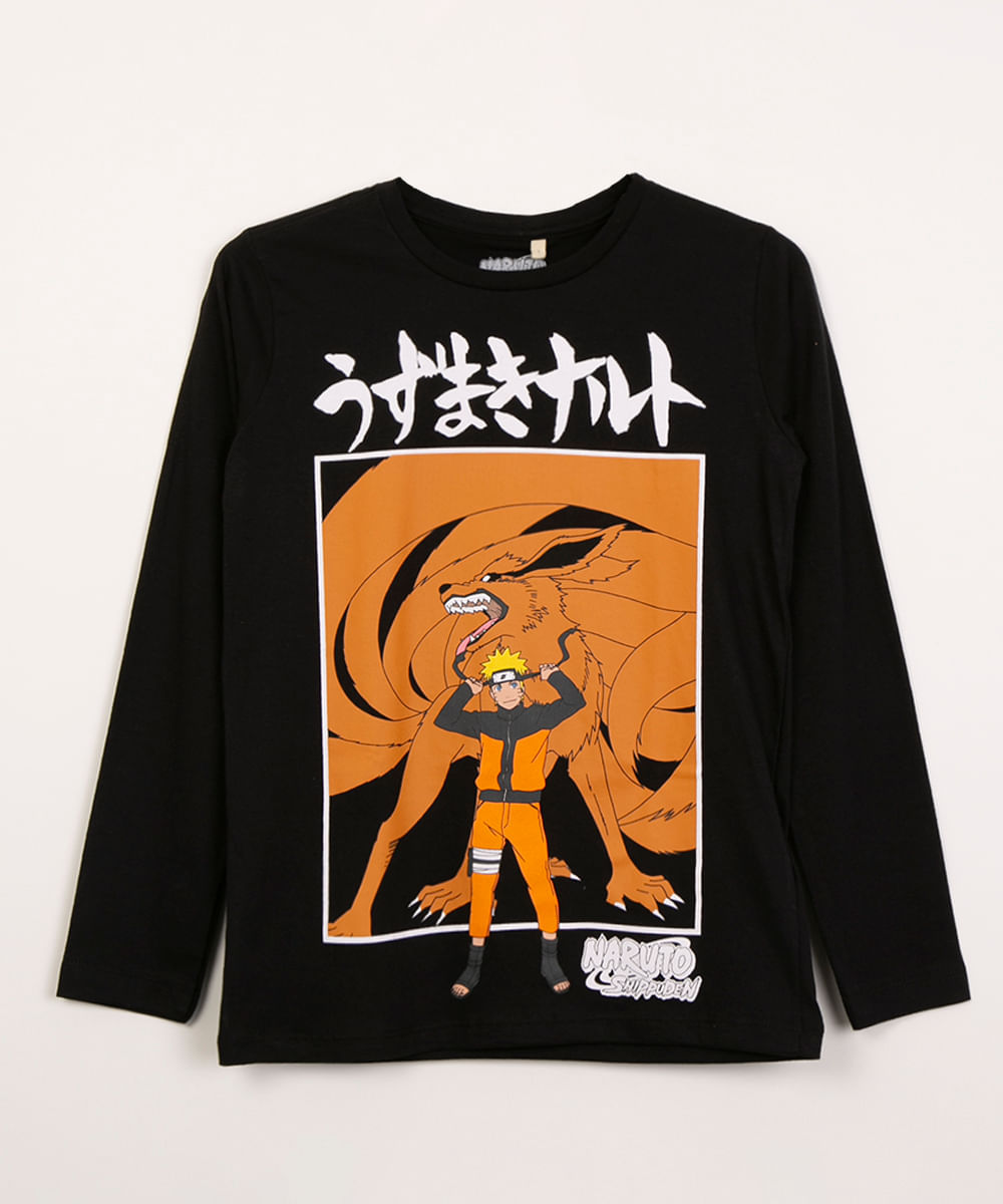 camiseta juvenil manga longa naruto preto