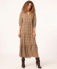 Vestido Longo De Viscose Manga Bufante Animal Print Caramelo