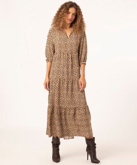 Vestido Longo De Viscose Manga Bufante Animal Print Caramelo Vestido Longo De Viscose Manga Bufante Animal Print Caramelo