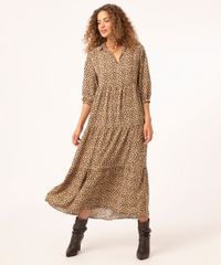 Vestido Longo De Viscose Manga Bufante Animal Print Caramelo