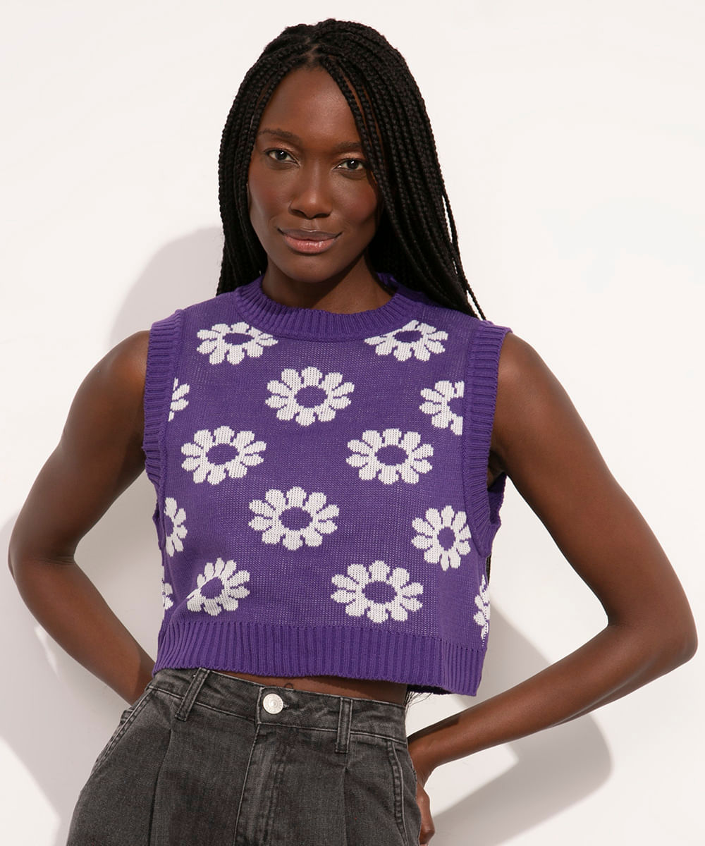 Colete Cropped de Tricô Estampado Floral Decote Redondo Mindset Roxo