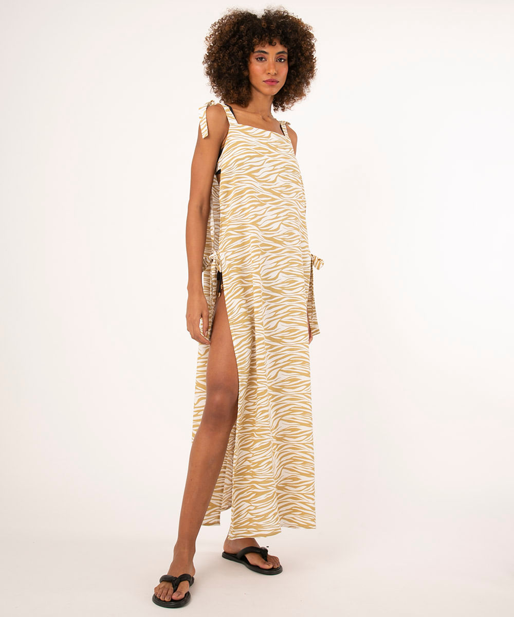 vestido com abertura lateral animal print off white