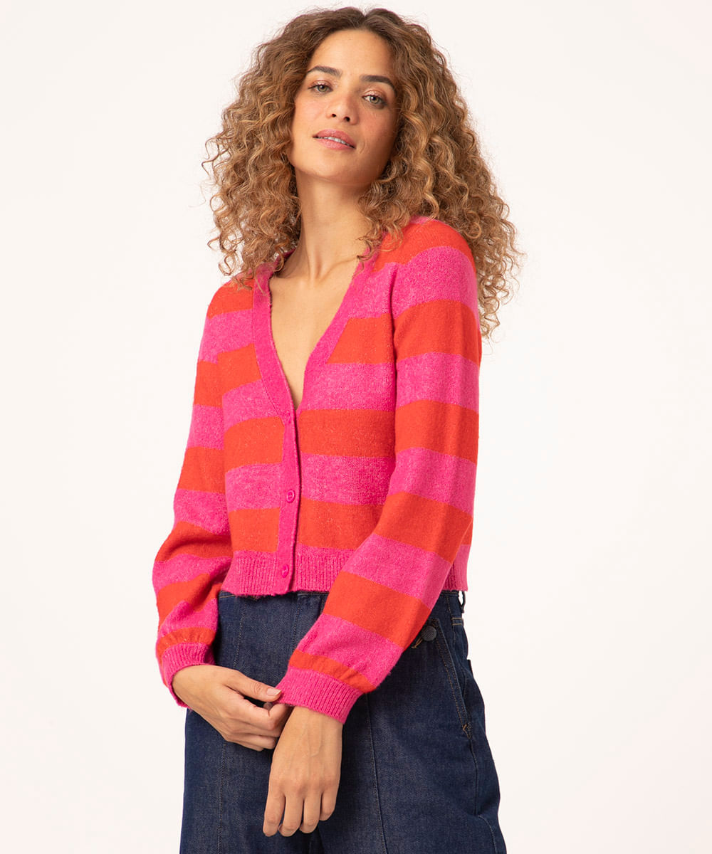 cardigan cropped de tricô com manga bufante listrado vermelho