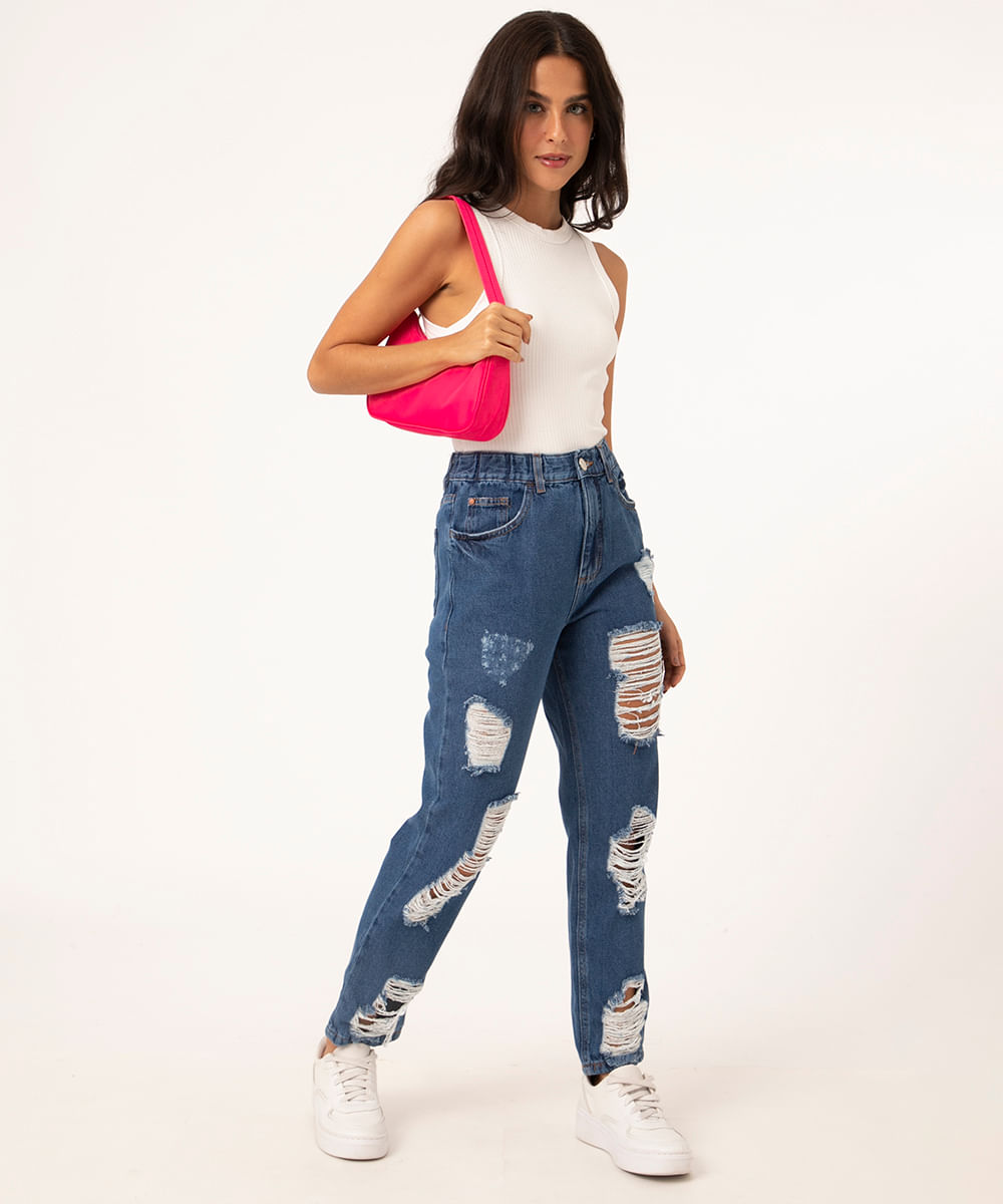 calça mom jeans cropped com elástico destroyed azul escuro