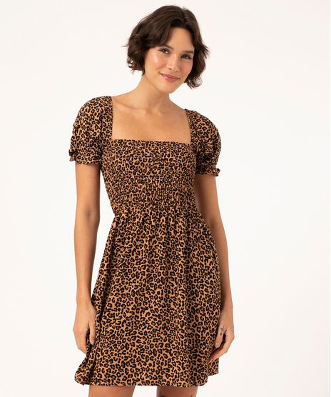 Vestido Curto Manga Bufante Animal Print De Viscose Com Lastex Ocre