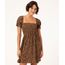 Vestido Curto Manga Bufante Animal Print De Viscose Com Lastex Ocre